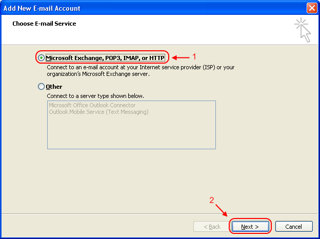 Select 'Microsoft Exchange, POP3, IMAP, or HTTP'