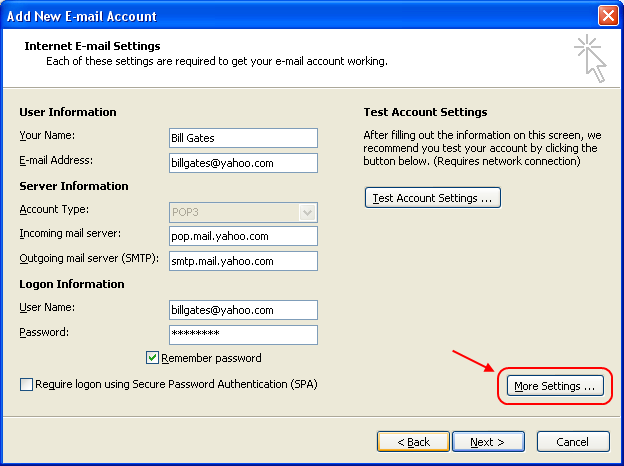 what are outlook account settings for yahoo mail